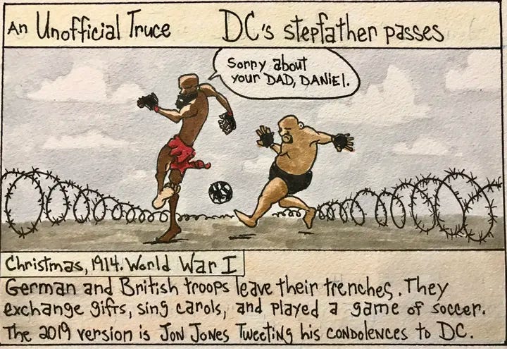 Cartoon of Jon Jones and Daniel Cormier playing soccer between the trenches of World War I.