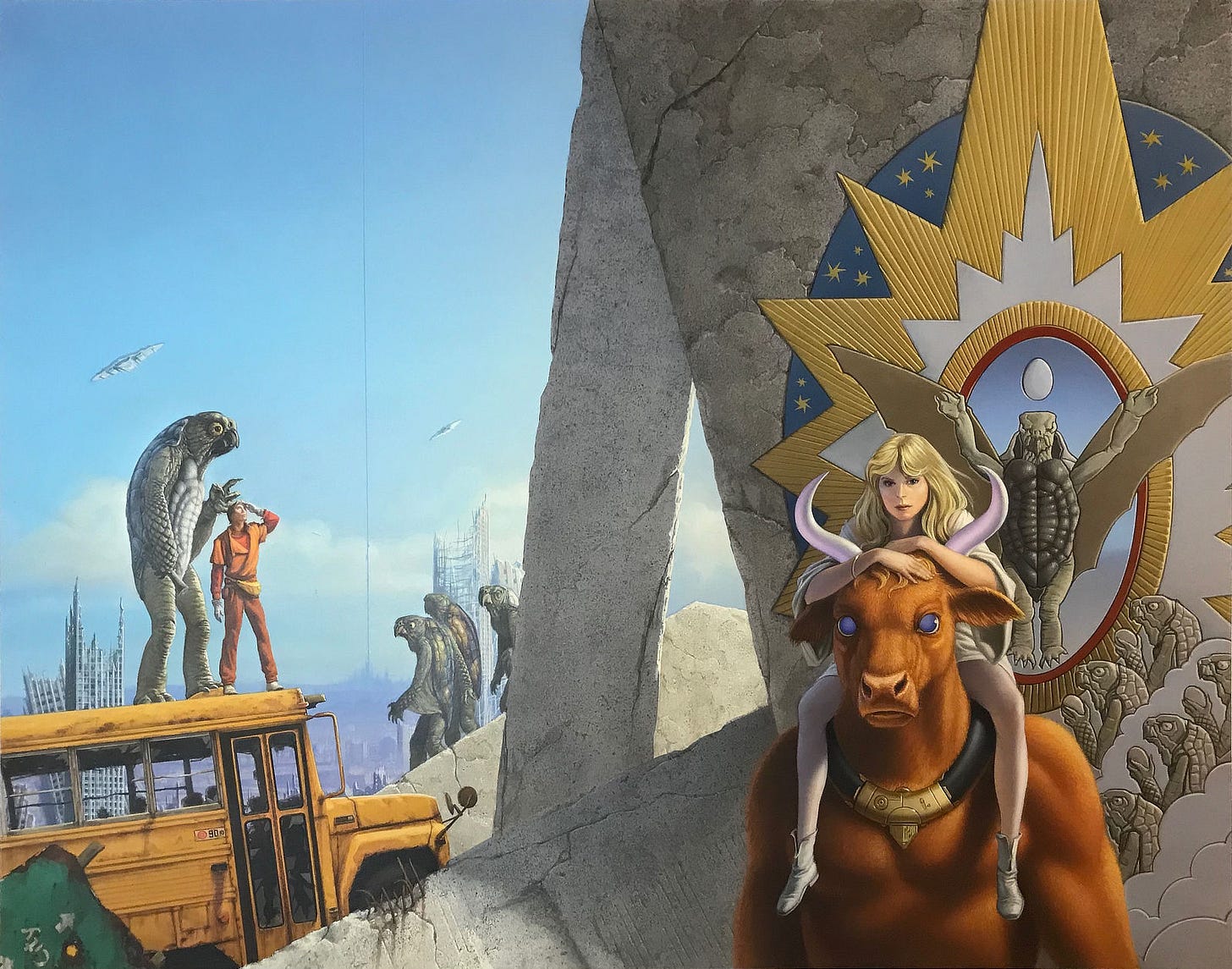 A young woman rides piggyback on a bipedal bull-like creature with russet fur and milky blue eyes. Her arms wrap around its horns settling casually on the top of its head. Behind them in colorful relief on concrete, the story of a conquering race of aliens features a central turtle-like figure spreading wings as an egg floats over it. The figure is bordered by an Art Deco star burst of yellow and white backed by an outer oval of yellow stars on blue. Other turtle-aliens line up among simple clouds, each presenting an egg as they stand in profile in a sort of worship. Beside the concrete facade that dominates the foreground, a human male stands atop a wrecked school bus, shielding his eyes as he stares up into the sky. A turtle-alien stands next to him dwarfing him in stature.