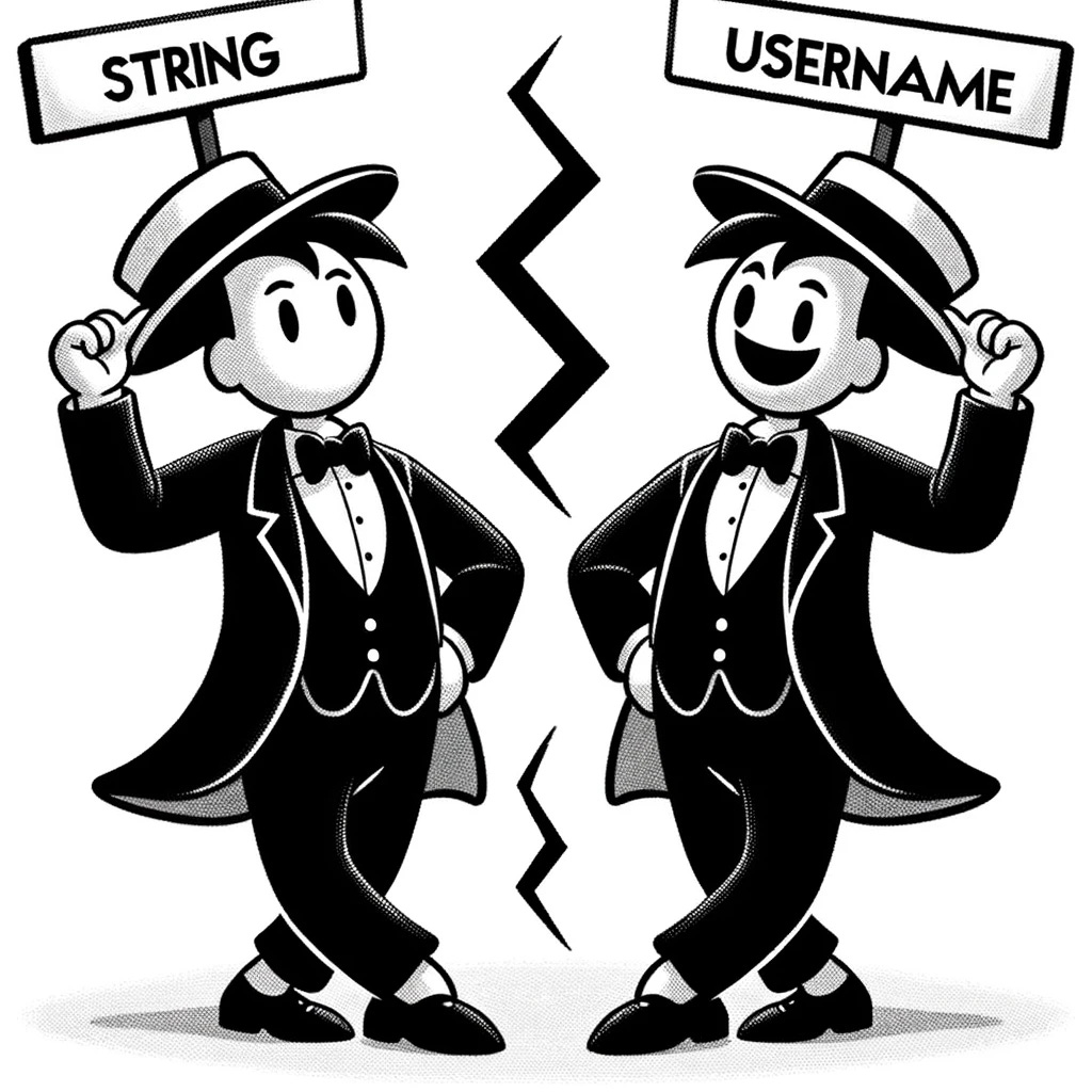 Steamboat Willie style black and white cartoon of a solitary figure, reminiscent of a classic silent film actor. The person wears a dual-sided costume. One side is labeled 'String' and is sophisticated with a suit, while the other side is labeled 'Username' and is more casual. The actor frequently flips between the two sides, emphasizing that they are the same person but known by two names, symbolizing Kotlin type aliases.