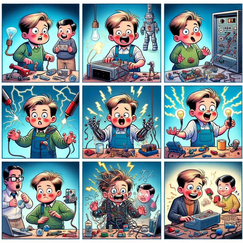 A humorous comic strip depicting several scenes with young versions of successful tech founders in exaggerated, cartoonish styles. Each panel shows a different scene where a child, representing a generic successful tech founder, experiences an electric shock in various humorous circumstances: accidentally touching a live wire while building a robot, intentionally experimenting with electricity in a science project gone awry, and getting a shock from an old computer while trying to fix it. The comic emphasizes the playful idea that these early shocks contributed to their future success in technology, with each panel filled with bright colors, expressive faces, and comedic elements to highlight the lighthearted theme.