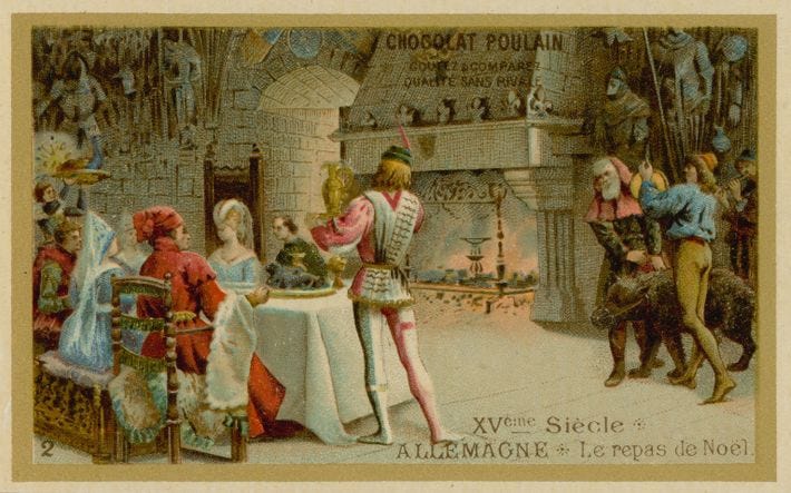 Christmas dinner in 15th century Germany (chromolitho)