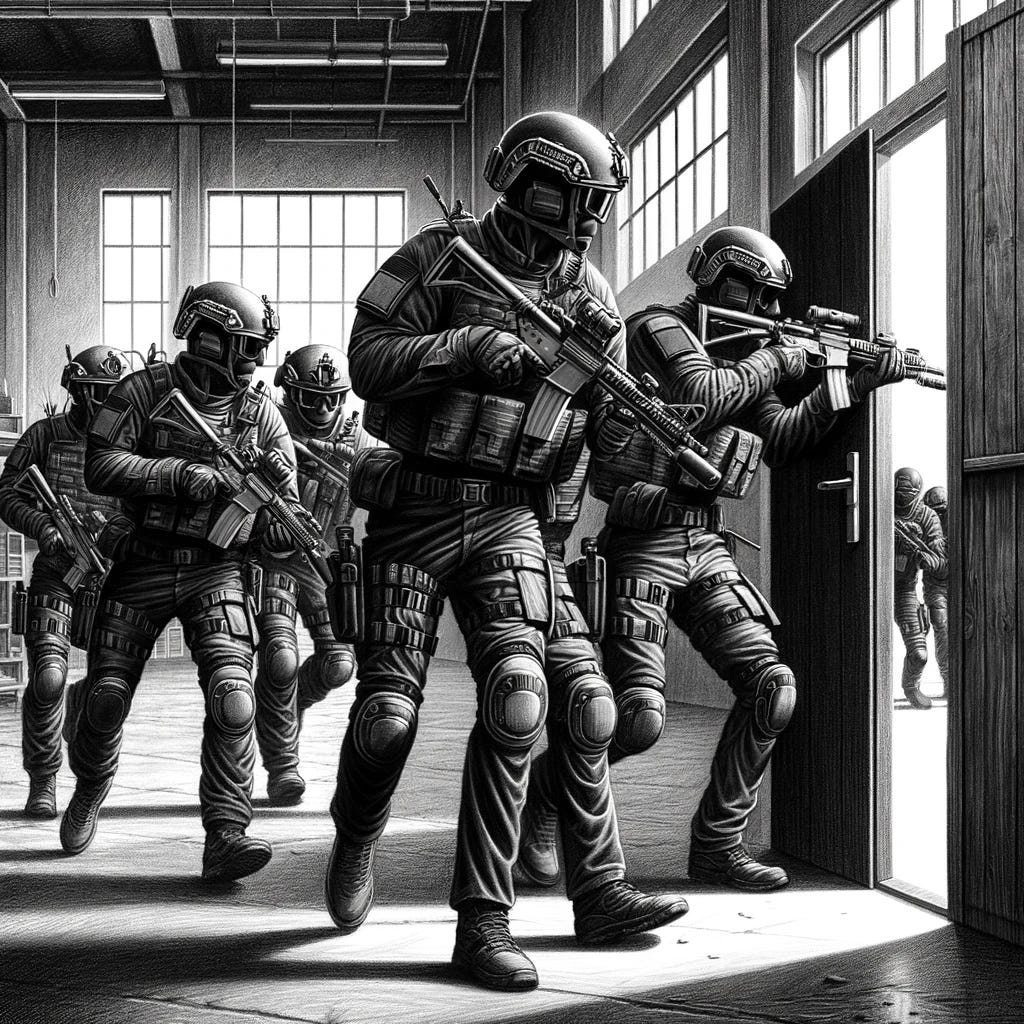 A black and white drawing of a SWAT team storming a room. The image features several SWAT team members in full tactical gear, including helmets, vests, and carrying rifles. They are in dynamic poses, entering through a door with intense expressions of focus and determination. The setting is an industrial room with sparse furnishings and large, shadowy spaces. The drawing should capture the urgency and tension of the moment, with detailed depiction of the team's equipment and the environment's gritty textures.
