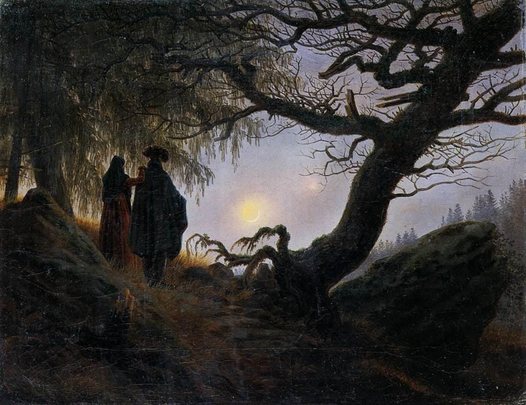 Painting of two figures peacefully contemplating the moon.