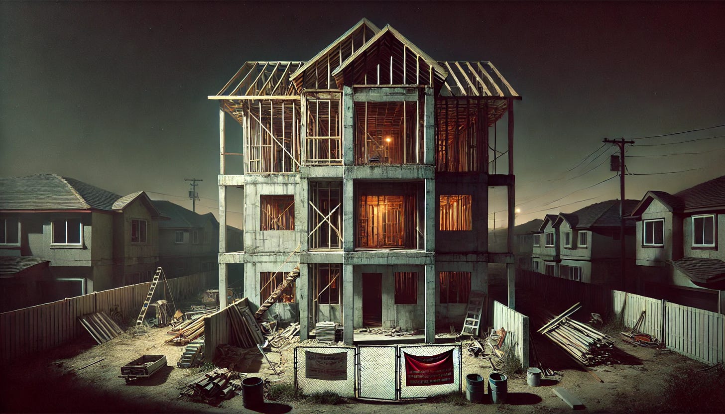 A panoramic nighttime front view of a small, abandoned residential home construction site. The skeletal concrete framework of the unfinished house stands eerily against the dark sky, with exposed support beams and half-built walls casting long shadows. A tattered red banner hangs at the entrance, announcing that construction has been halted indefinitely. The site appears deserted, but scattered debris—piles of bricks, rusted tools, and stacks of unused concrete blocks—litter the ground. The faint glow of distant city lights barely illuminates the area, while a few flickering bulbs left behind cast an eerie atmosphere. Graffiti covers sections of the concrete walls, and the silence is broken only by the distant sound of sirens or the rustling of the wind through the abandoned structure.