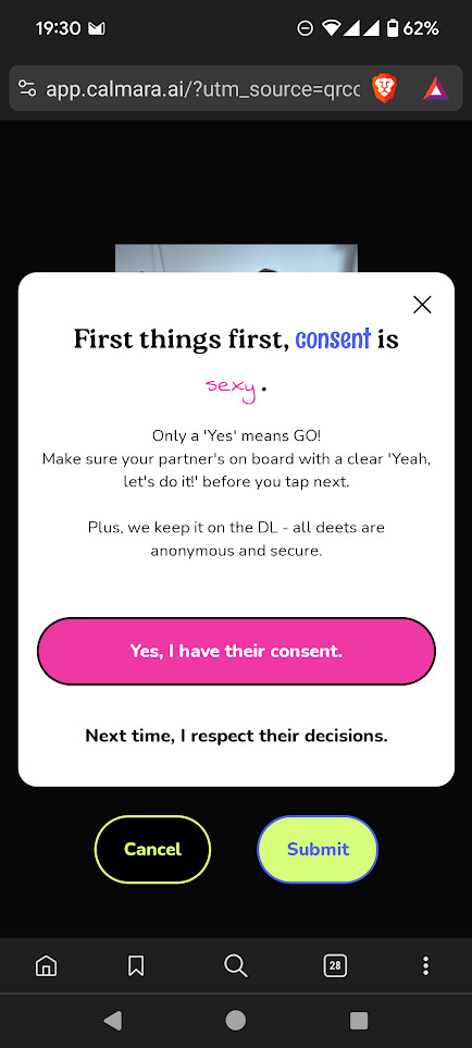 The consent screen is a jokey set of text partly written in comic sans, that includes 'Yes, I have their consent.' against a bright pink background. These folks have dark pattern magic all over the place. 