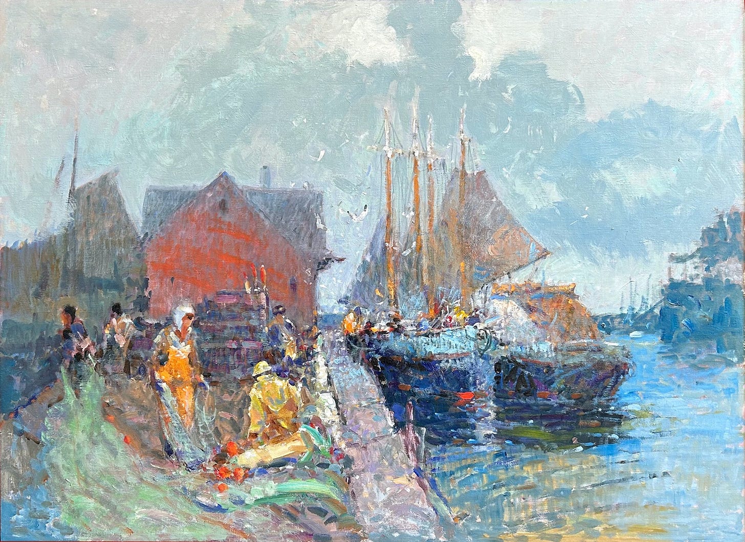 A painting of a harbor with boats

Description automatically generated