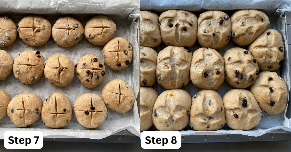 Fruity Hot Cross Buns on a baking tray.