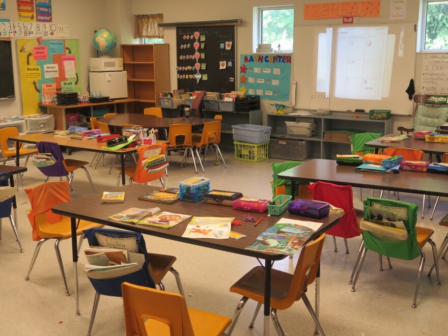 An empty elementary school classroom in Westerville. It's expected classrooms will have to be reconfigured if students will return to school buildings for the '20-'21 school year. An empty elementary school classroom in Westerville. It's expected classrooms will have to be reconfigured if students will return to school buildings for the '20-'21 school year.