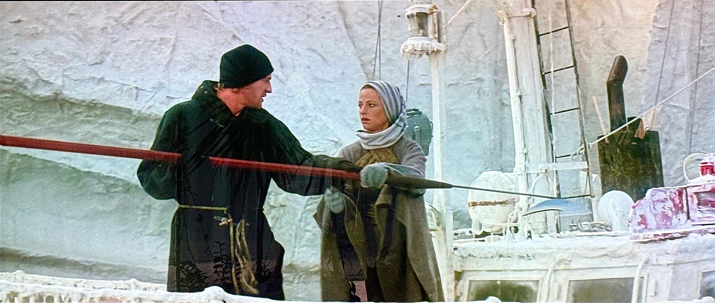Charlotte Rampling hands Richard Harris the harpoon at the end of ORCA 