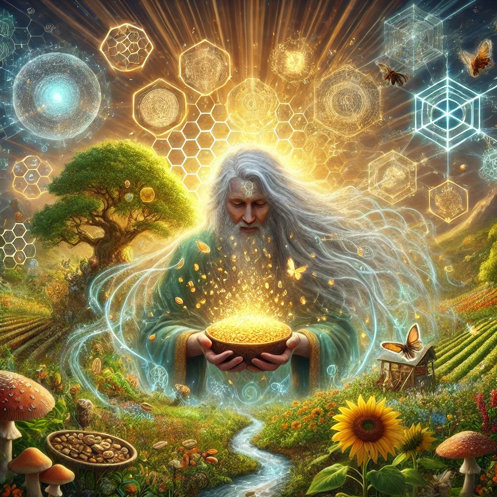 A visionary artwork representing the convergence of permaculture principles with decentralized blockchain technologies. The image features a wise, ethereal figure known as the 'Seed Whisperer,' with long flowing silver hair infused with golden pollen and vibrant energy. Surrounding them is an abundant permaculture landscape filled with lush greenery, diverse heirloom seeds, and symbiotic ecosystems of plants, bees, and fungi.

Floating in the air are digital, holographic nodes symbolizing decentralized blockchain connections, subtly merging with the natural elements. In the figure's hands is a bowl overflowing with golden seeds, radiating light as they disperse into the fertile soil below, representing Lift Cash’s dual-token governance model facilitating regenerative agriculture. Swirling around are symbols of AI-enabled Proof-of-Personhood, ethereal mathematical patterns, and cooperative economic networks, seamlessly integrated into the environment, embodying the ethics of Earth Care, People Care, and Fair Share.

The atmosphere is warm and harmonious, with bees carrying digital pollen from one plant to another, symbolizing the fusion of nature and blockchain-based economic frameworks, building a sustainable, localized food system at scale. The background features an organic, fluid connection between ancient wisdom and futuristic decentralized finance, presenting a thriving, interconnected ecosystem of abundance and innovation.