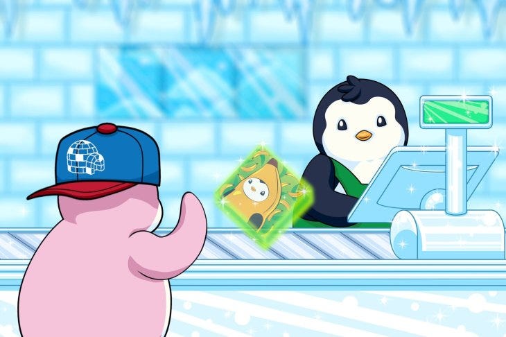 An image of two Pudgy Penguins at a cash register transacting an item