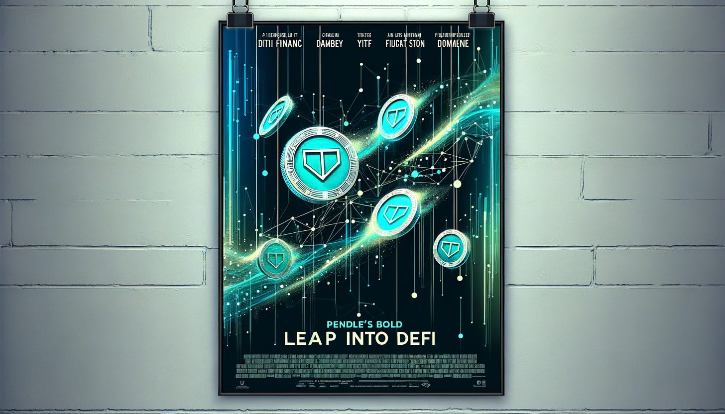 A modern, visually compelling movie poster for a film highlighting the digital finance revolution, featuring the concept of tokenizing future yields in the DeFi sector. The poster showcases an abstract design of floating tokens labeled PT and YT against a backdrop of a digital network, representing the blockchain. Key elements include dynamic lines and nodes symbolizing connectivity and data flow, with the title 'Pendle's Bold Leap into DeFi' in bold futuristic typography. The color scheme combines shades of blue and green to suggest innovation and growth.