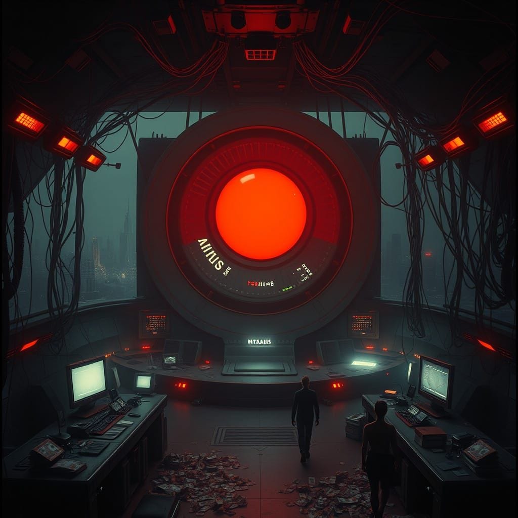 a massive red button in the center of a control room for unlimited dollars printing, glowing ominously, with a complex n...