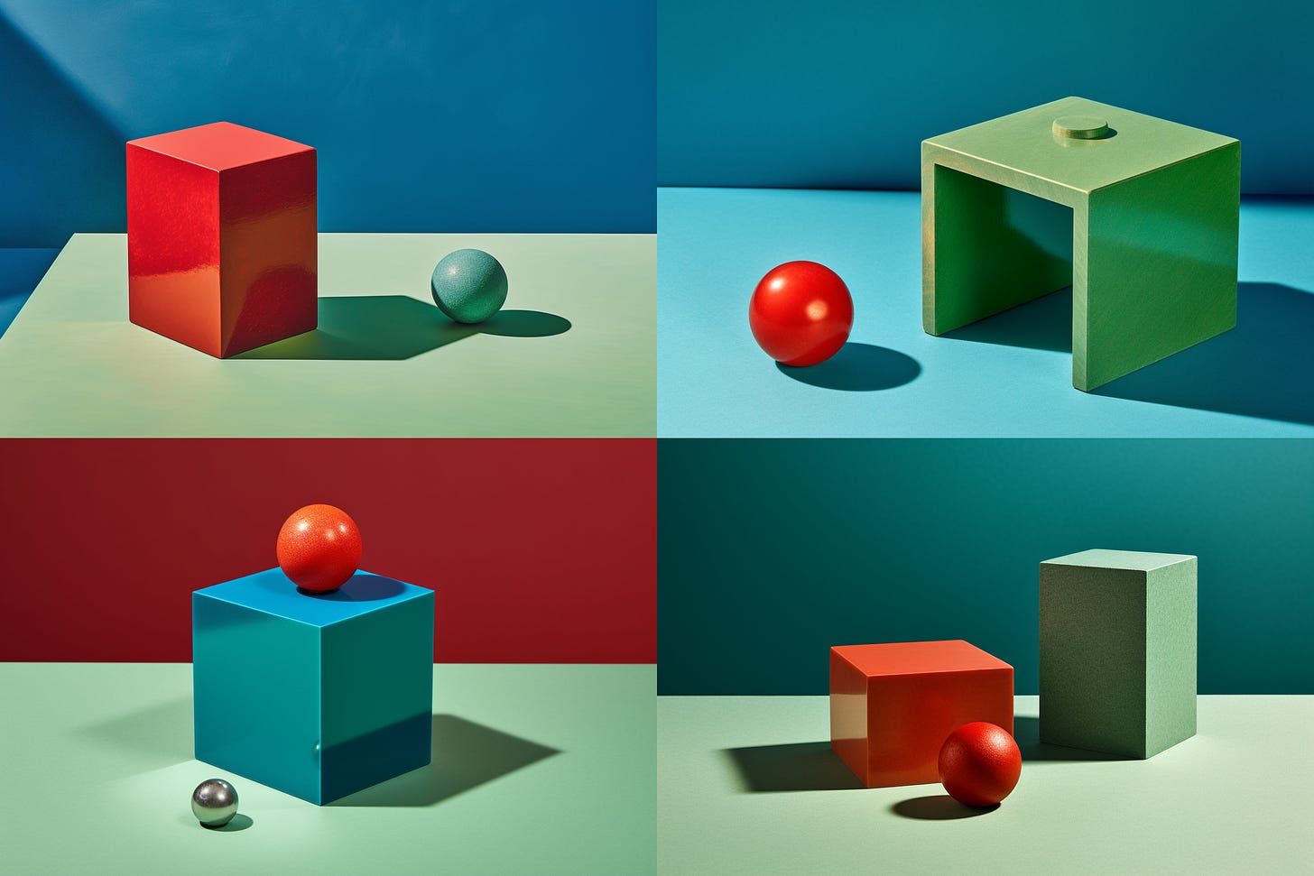 Midjourney V5.1 results for "one red ball and two green cubes on a blue table" -  4-image grid.
