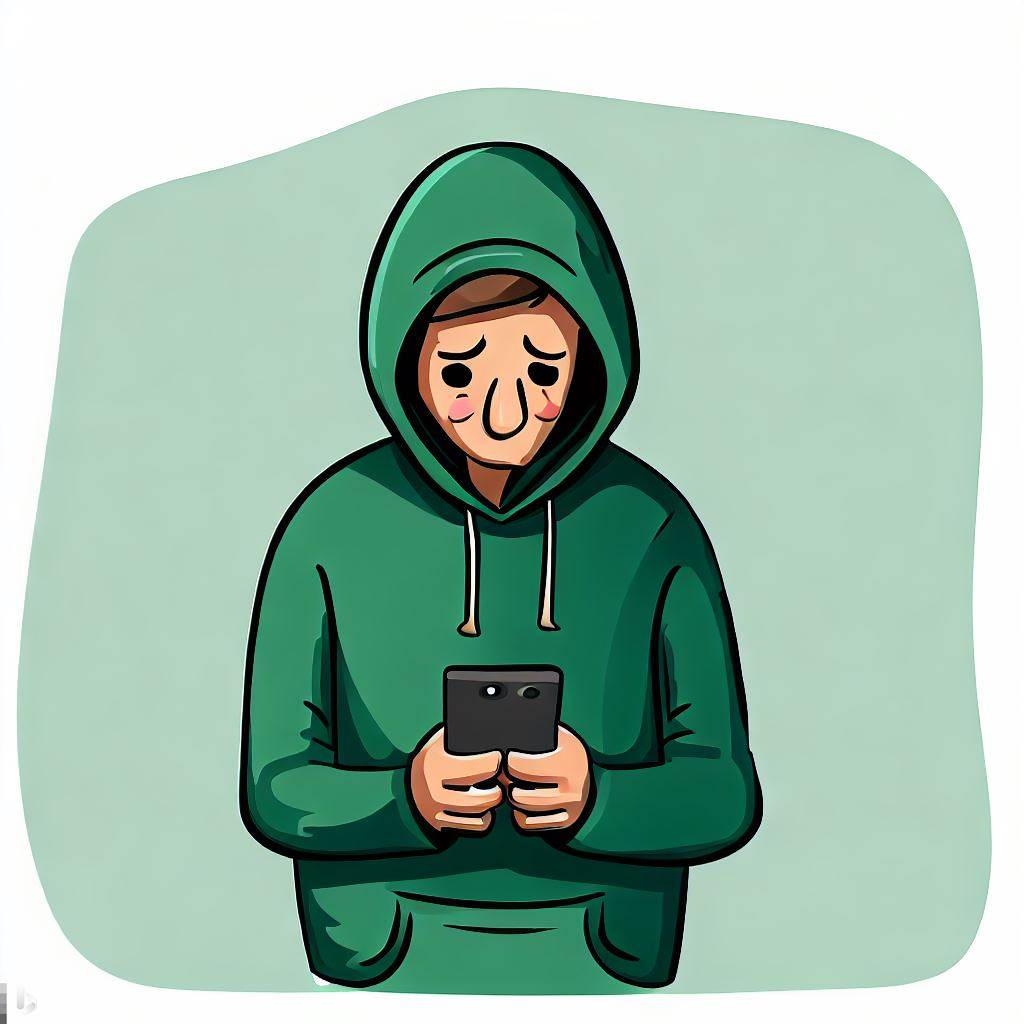 A cartoon of a man wearing a green hoodie looking sadly at his smartphone