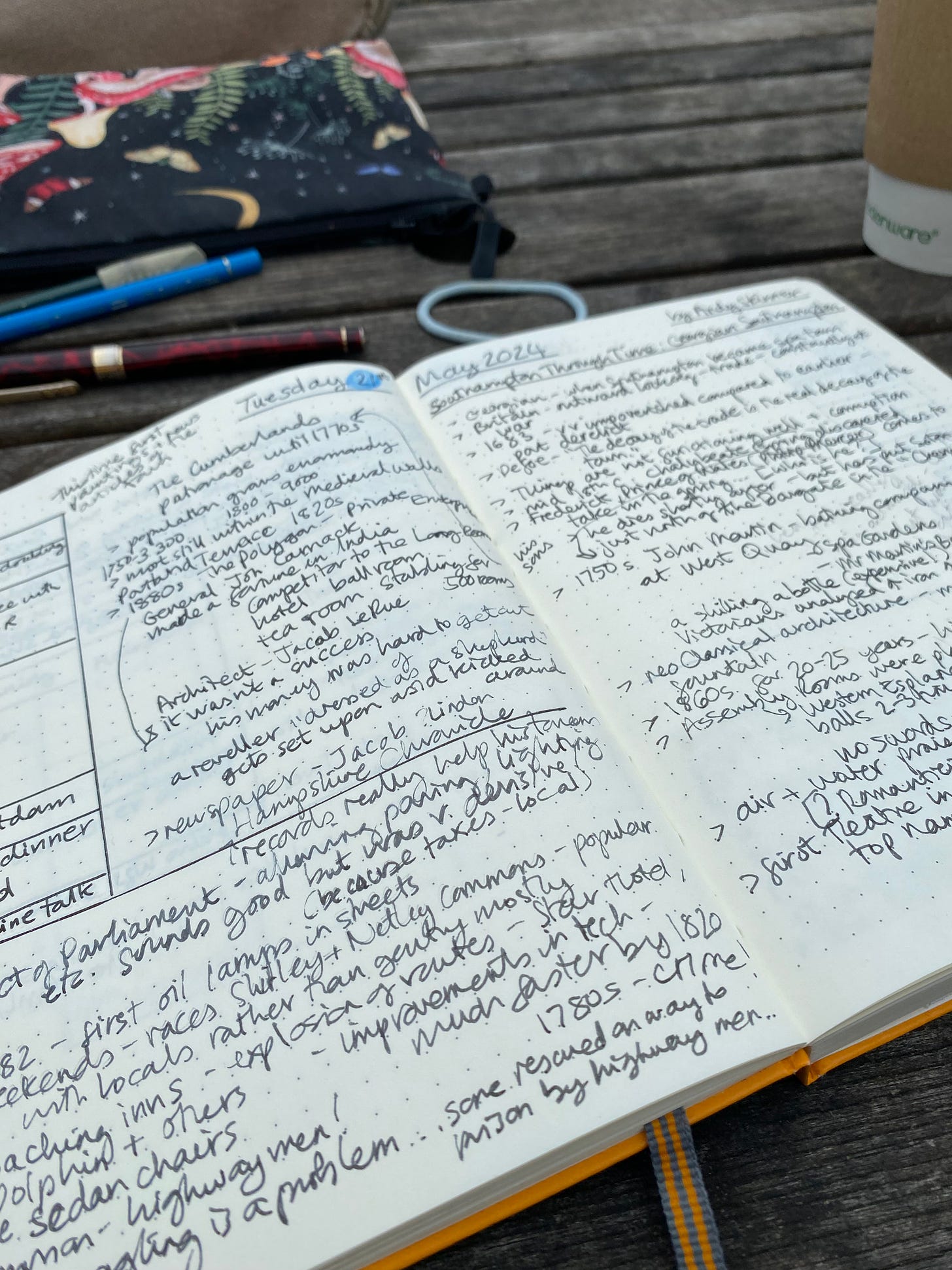 An open notebook, with handwritten notes in black ink, is laying on a garden table. In the background is a pencil case, with pens and pencils spilling out, and a cup of coffee.