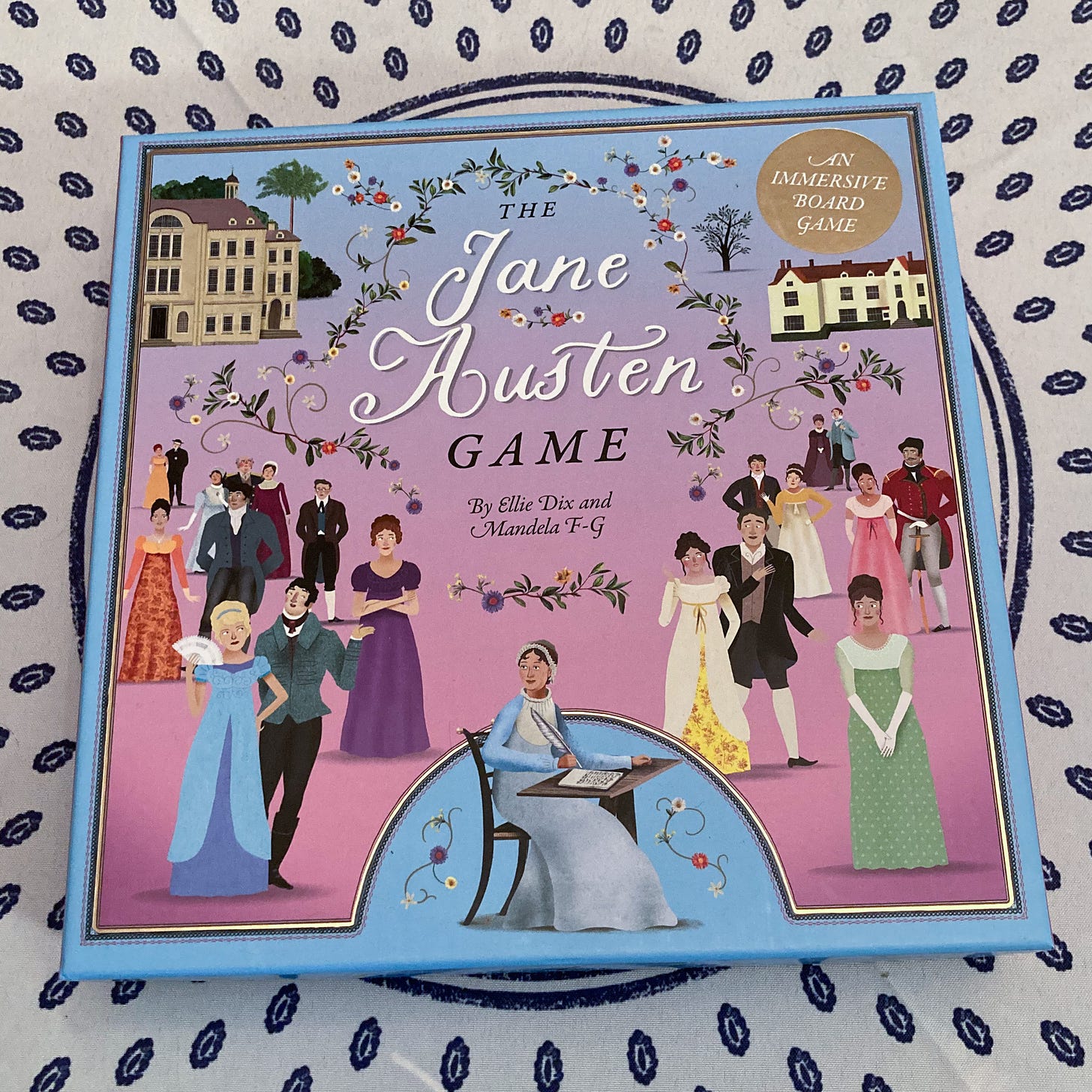 The cover for "The Jane Austen Game" by Ellie Dix and Mandela F-G. It features colorful illustrations of Austen characters, houses, and an illustration of Austen herself by Barry Falls.