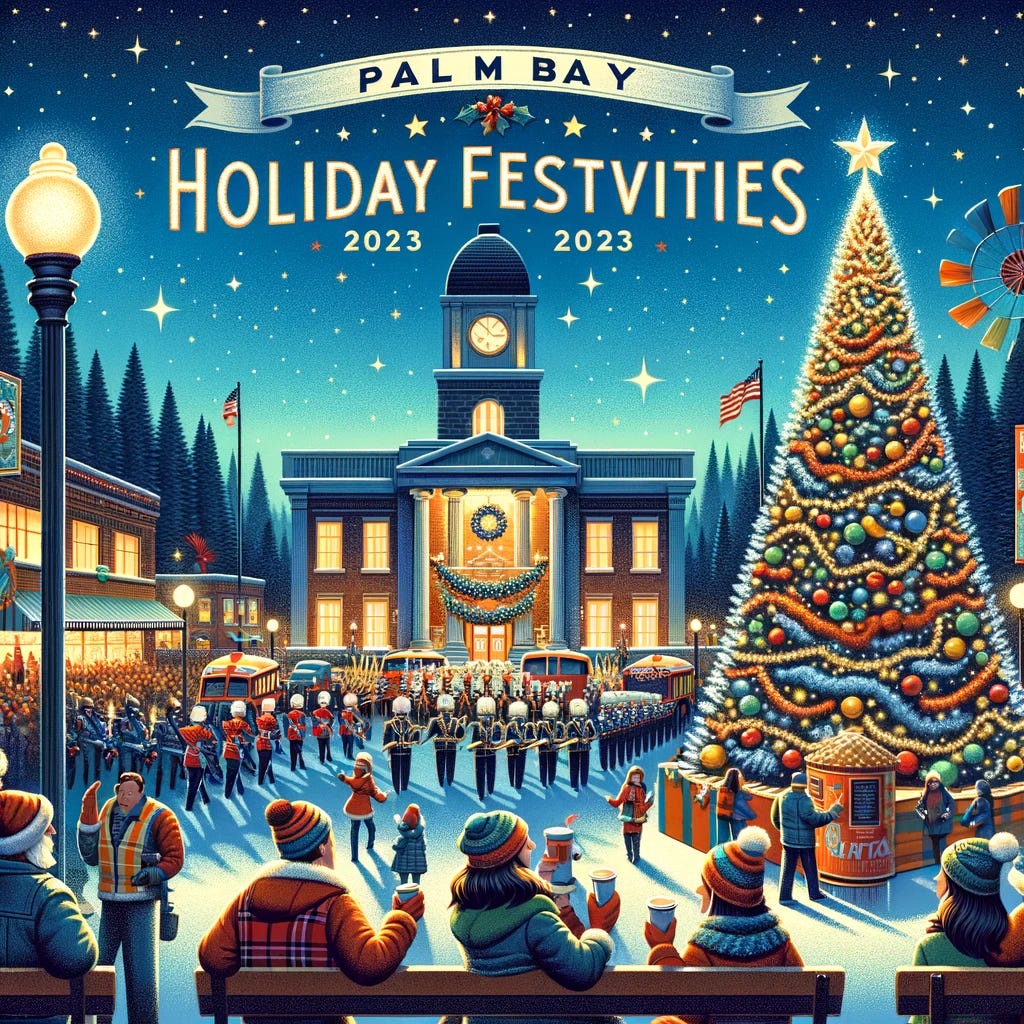 A festive graphic representing a holiday event in a city. The scene includes a large, beautifully lit Christmas tree in front of a city hall, with people gathered around it, some holding hot drinks and wearing winter clothes. In the background, a holiday parade is depicted with colorful floats, marching bands, and cheer squads. The sky is a twilight blue, sprinkled with stars, and a banner at the top reads 'Palm Bay Holiday Festivities 2023'. The overall atmosphere is joyful and vibrant, capturing the spirit of community celebration during the holiday season.
