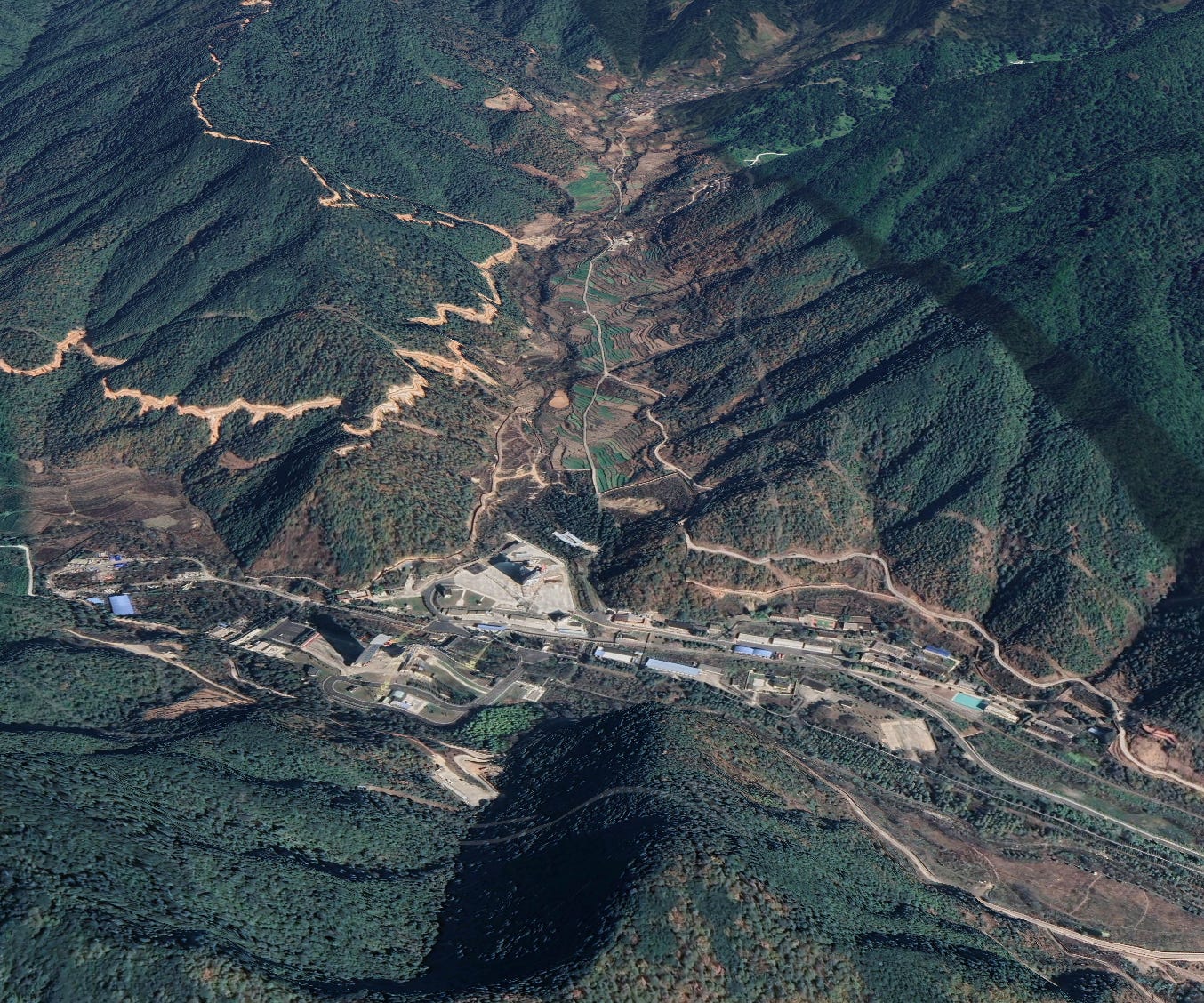 The Xichang Satellite Launch Center and the valley to the north, via Google’s 3D map service.