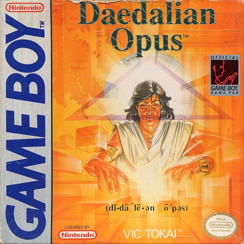 A scan of the box art for Daedalian Opus, featuring a man — maybe Daedalus? — deep in thought manipulating blocks from the game.