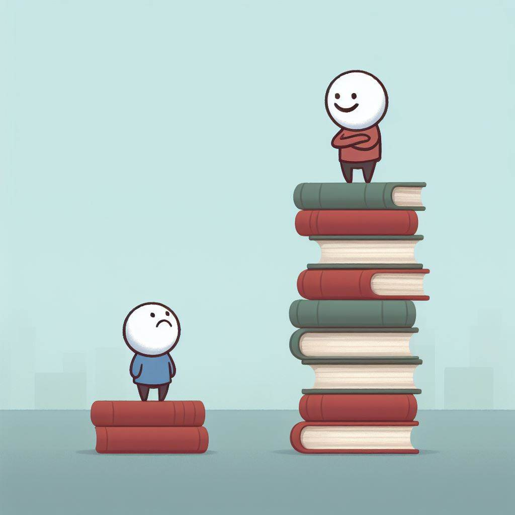 ONE happy person standing on top of ONE tall stack of books, ONE sad person standing on top of ONE short stack of books looking up at the happy person, minimal background, 