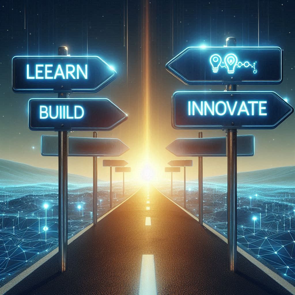 A futuristic roadmap stretching into the horizon, with glowing signposts labeled Learn, Build, and Innovate. The Cronos logo shines brightly at the destination, symbolizing progress and achievement.