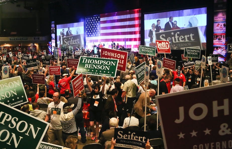 The aisles were crowded and filled with competing political placards during the Republican Governor's nomination race at the Minnesota Republican Part