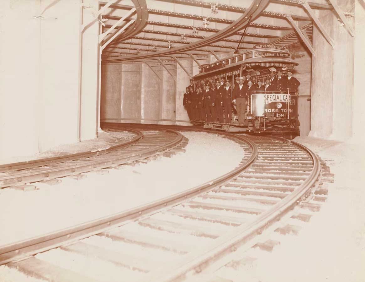 Trolley car operating on underground track.