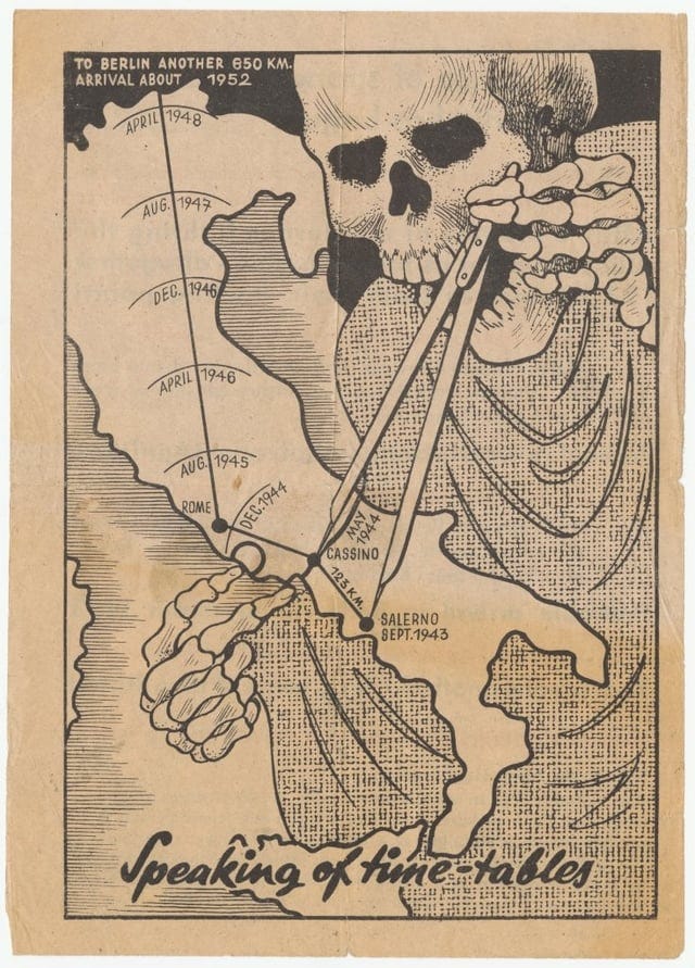 r/MapPorn - German propaganda leaflet mocking the progress of allied forces in southern Italy, 1944. [735×1024]
