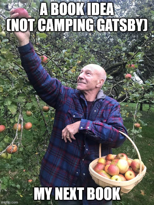 The "Patrick Stewart picking apples" meme background where the apple Patrick is picking represents "A book idea (not camping gatsby)" while Patrick's basket of apples represents "My next book" 