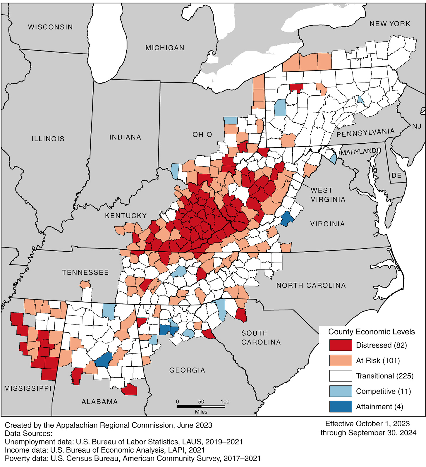 A map of Appalachia showing which counties are economically distressed.