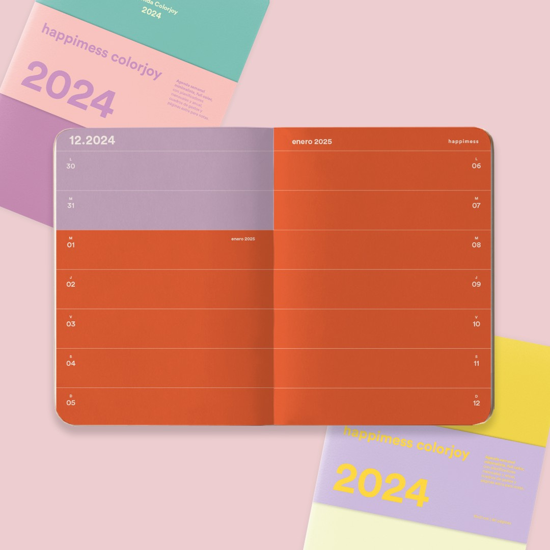 Tu formato ideal es una agenda liviana, mínima, como las de la línea Happimess Colorjoy