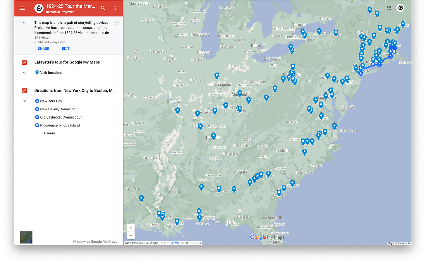 Google map of Lafayette's journey