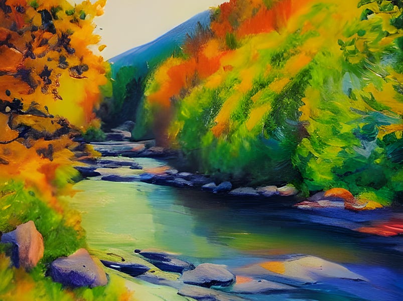 A painting of a river quietly flowing in-between mountains