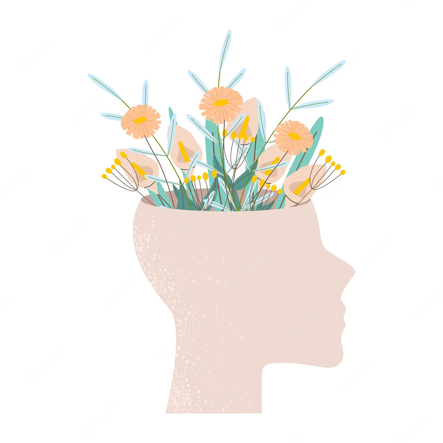 Una cabeza humana de la que crecen flores salud mental pensamiento positivo paz mental | Vector Premium