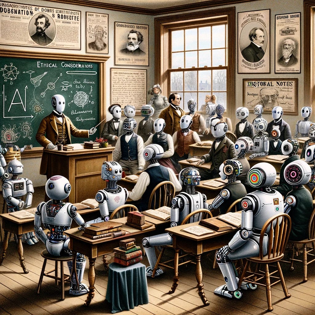 This is an image of a classroom scene stylized in a vintage setting, populated by various robots instead of human figures. The robots are designed with a steampunk aesthetic, featuring brass and metallic components, gears, and dials. They are arranged in rows, seated at wooden desks with books and papers, suggesting a learning environment. The front of the classroom shows a robot teacher standing beside a blackboard with chalk-written equations and the words "Ethical Considerations". The walls are adorned with portraits and notes, and there is a large window allowing daylight to enter. The overall atmosphere mixes old-fashioned educational decor with futuristic robot students.