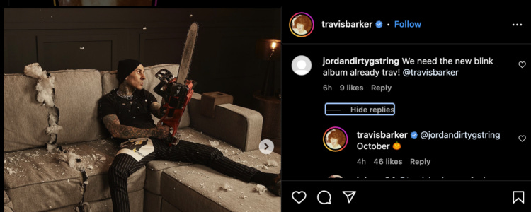 Instagram conversation between Travis Barker and a fan showing Travis confirming blink-182 album will be released in October 2023.