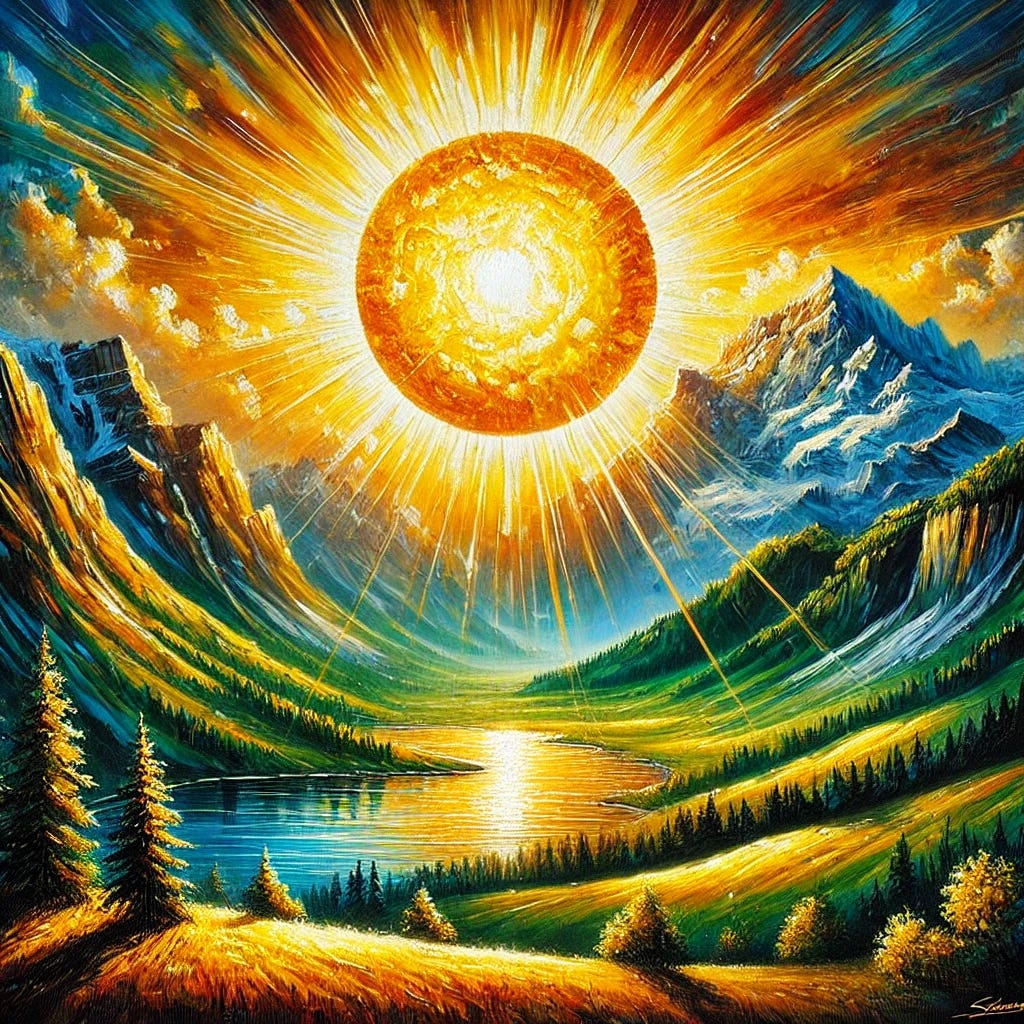 A vibrant oil painting with a strong focus on the sun shining brightly over a peaceful alpine landscape. The large sun dominates the sky, radiating warm golden and orange light that floods the scene with energy. Sunbeams stretch out over the landscape, illuminating the mountain peaks and valley below. The sunlight reflects on a serene lake, casting sparkling reflections. The scene is filled with rich, bold colors, from the glowing sky to the deep green of the land. The painting emphasizes the healing and life-giving power of the sun through expressive, textured brushstrokes.