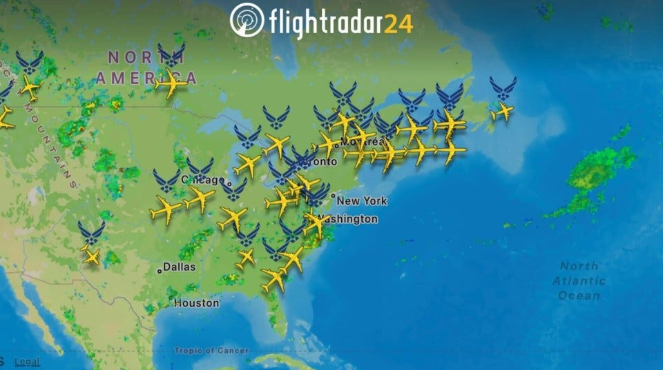 Map showing the flight paths of approximately 30 US Air Force aircraft over North America.