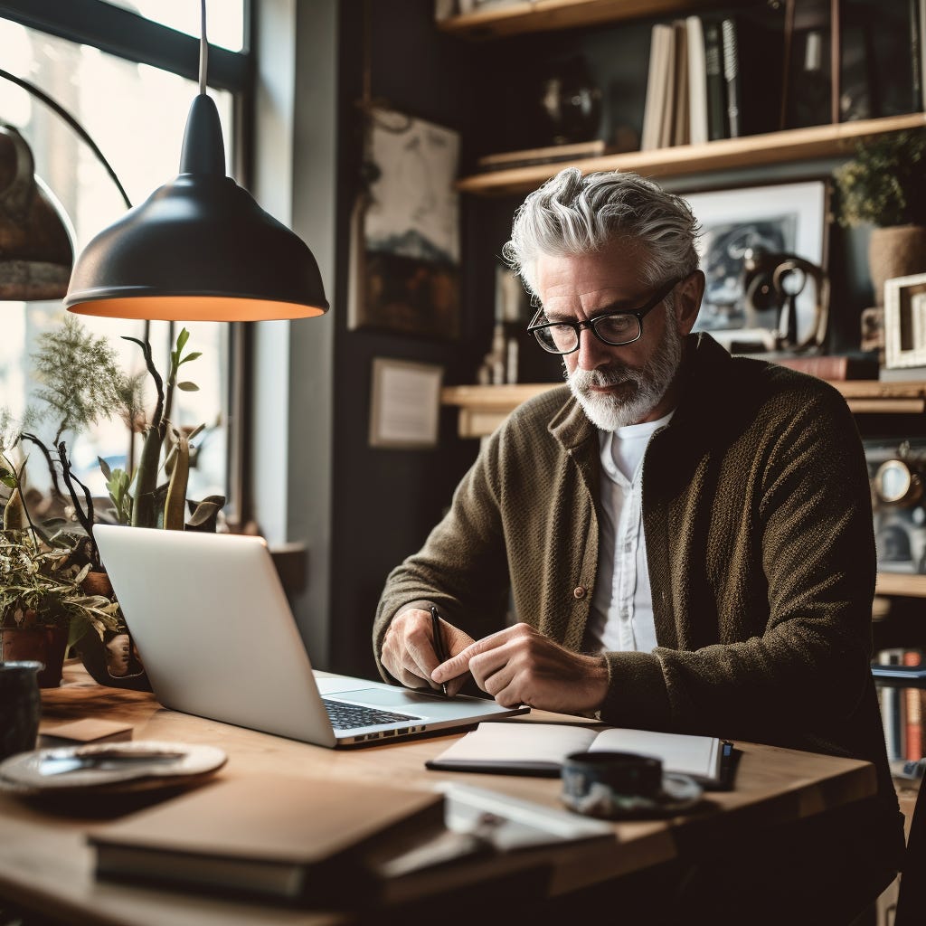 An older solopreneur sitting at his desk in the study