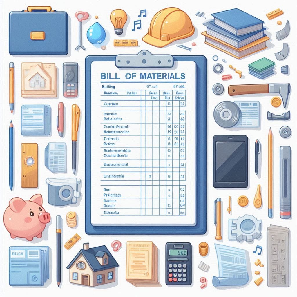 bill of materials from building information model in cute water color style