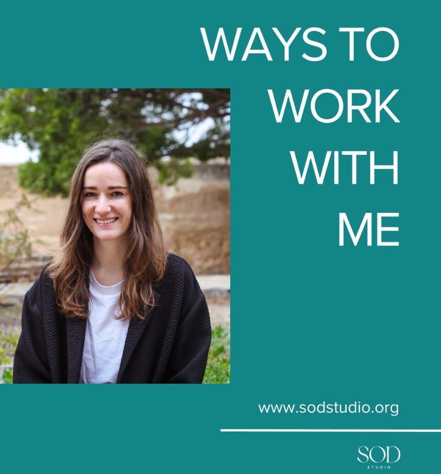 A portrait of Simone with long brown hair in nature and the words 'Ways to work with me'