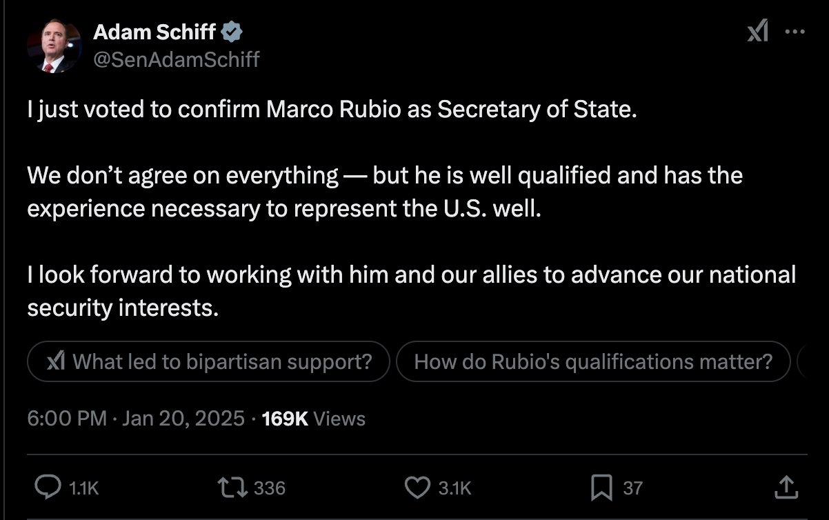 I just voted to confirm Marco Rubio as Secretary of State.  We don’t agree on everything — but he is well qualified and has the experience necessary to represent the U.S. well.   I look forward to working with him and our allies to advance our national security interests.