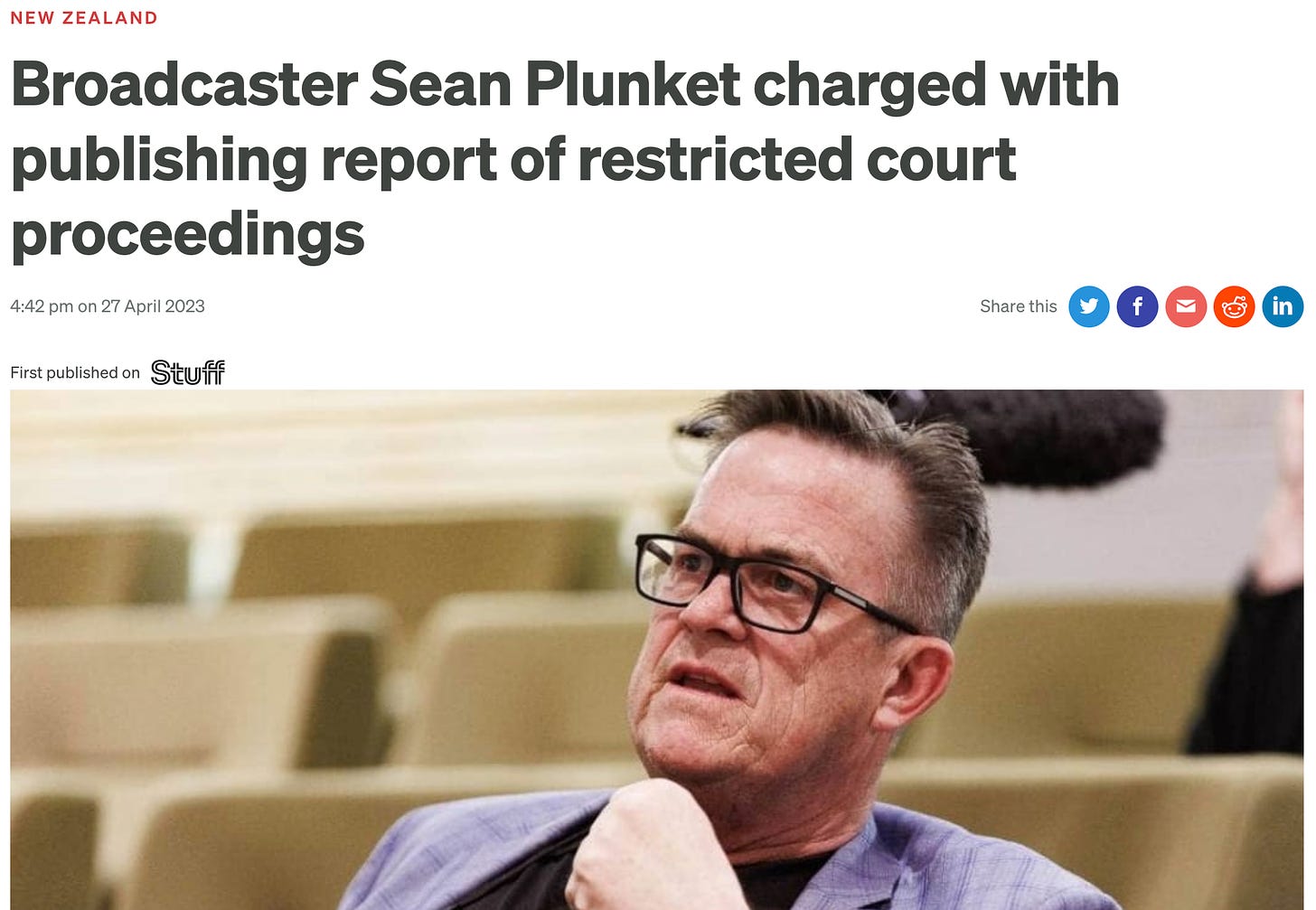 "Broadcaster Sean Plunket charged with publishing report of restricted court proceedings  Broadcaster Sean Plunket has been charged with publishing a report of court proceedings without leave. Plunket, who was briefly banned from Twitter earlier in the month, did not appear in Wellington District Court on Thursday for his first appearance."