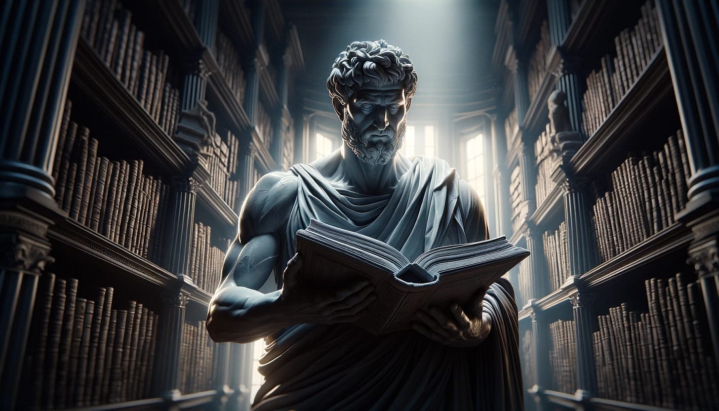 A 3D-rendered image depicting a statue of a bearded man in classical Greek attire, likely representing a philosopher or a deity, intently reading a large, open book. The statue is set against a majestic library backdrop, with towering dark wooden bookshelves filled with books on either side, illuminated by soft natural light streaming through the windows, creating a serene and scholarly atmosphere.