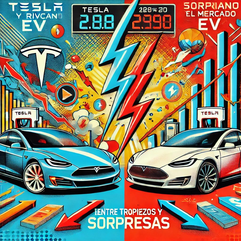 A bold pop-art style illustration titled 'TESLA Y RIVIAN: ENTRE TROPIEZOS Y SORPRESAS EN EL MERCADO EV.' The central focus is a Tesla and a Rivian electric vehicle facing each other, with dynamic lightning bolts and financial graphs around them, symbolizing market volatility. The background includes charging stations, stock market arrows, and abstract elements like halftone patterns, bursts of energy, and bold typography. The scene should convey both challenges and surprises, with vibrant colors like electric blue, red, and yellow dominating the composition. The typography should be bold, integrated seamlessly into the design. Format: 16:9, 1920x1080 resolution.