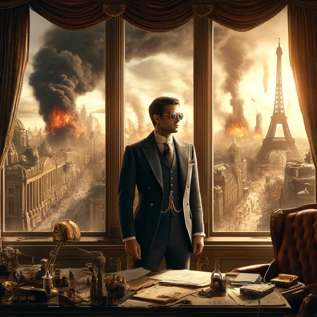 In a luxuriously appointed Gilded Age office, an alpha male stands by a panoramic window, his expression calm and composed. Outside the window, a global catastrophe unfolds on a massive scale. The view captures various iconic landmarks around the world—Eiffel Tower, Statue of Liberty, Great Wall of China—all simultaneously engulfed in chaos, with smoke and fires raging, and masses of people in panic. This dramatic, wide-ranging disaster scene contrasts starkly with the serene and controlled demeanor of the man, dressed in a late 19th-century suit, wearing modern sunglasses. His office is an oasis of calm, filled with opulent furnishings and artifacts, highlighting his detachment from the global pandemonium outside.