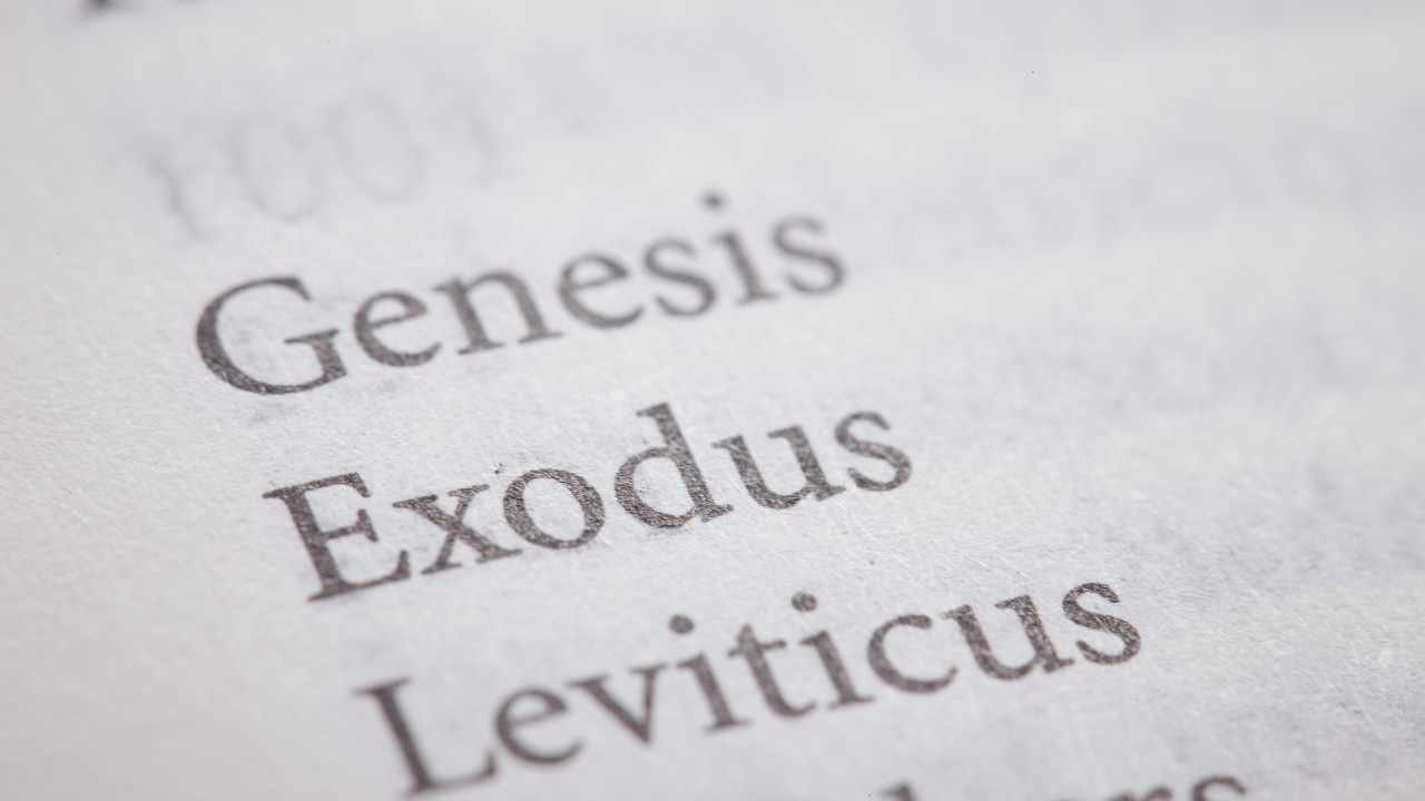 Genesis, Exodus, and Leviticus printed on a page.