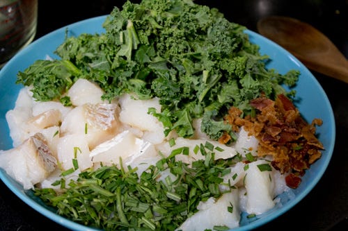 All this is prepped and ready to slide into the soup. I will say that if you are trying to stretch the meal, doubling the potatoes, stock, kale, and leaving the fish and cream amounts as-is will work just fine. 