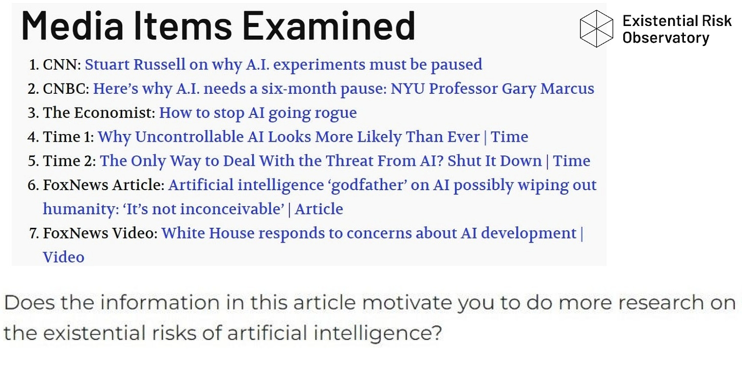 9. Existential Risk Observatory The views of the American general public on the idea of imposing an AI moratorium and their likelihood of voting Media Items Examined